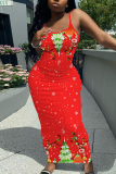 Red Black Santa Claus Christmas Tree Sleeveless Backless Spaghetti Strap Casual Outing Vacation Bodycon Maxi Dress