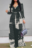 Off white Geometric Flower Print Lace Up O Neck Long Sleeve Casual Outing Vacation Flowy Maxi Dress