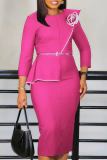 Green Formal 3/4 Sleeve Floral Applique on Chest Belted Waist Formal Office Bodycon Pencil Midi Dress