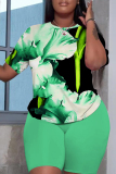 Green Graphic Print Short Sleeve O Neck Oversized T Shirt and Elastic Waist Shorts Casual Outing Two Piece Short Set