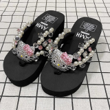 Black Casual Rhinestone Decor Comfortable Wedges Shoes Platform Flip Flops (This Size Is Smaller)