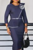 Green Formal 3/4 Sleeve Floral Applique on Chest Belted Waist Formal Office Bodycon Pencil Midi Dress