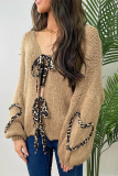 White Casual Leopard Lace Up Patchwork Weave V Neck Lantern Sleeve Outerwear Knitted Jacket