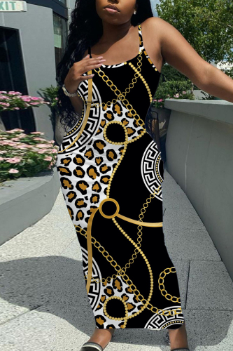 Black Graphic Print Sleeveless Backless Spaghetti Strap Casual Outing Vacation Bodycon Maxi Slip Dress