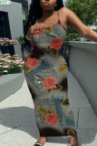 Blue Graphic Print Sleeveless Backless Spaghetti Strap Casual Outing Vacation Bodycon Maxi Slip Dress