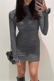 Black Half A Turtleneck Long Sleeve Ruched Clubwear Night-Out Wrap Mini Dress
