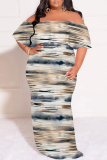 Light Green Floral Striped Print Off Shoulder Ruffle Sleeve Casual Outing Plus Size Vacation Loose Fit Maxi Dresses