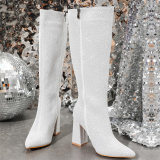 Silver Casual Patchwork Pointed Out Door Knee-High Shoes High Heel Boots