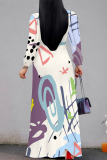 Off white Geometric Flower Print Lace Up O Neck Long Sleeve Casual Outing Vacation Flowy Maxi Dress