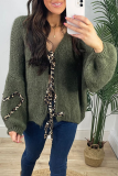 White Casual Leopard Lace Up Patchwork Weave V Neck Lantern Sleeve Outerwear Knitted Jacket