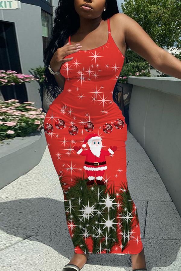Red Black Santa Claus Christmas Tree Sleeveless Backless Spaghetti Strap Casual Outing Vacation Bodycon Maxi Dress
