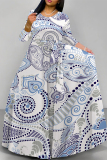Light Blue Geometric Flower Print Lace Up O Neck Long Sleeve Casual Outing Vacation Flowy Maxi Dress