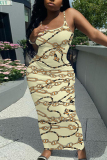 Orange Graphic Print Sleeveless Backless Spaghetti Strap Casual Outing Vacation Bodycon Maxi Slip Dress