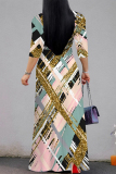 Leopard Geometric Print V Neck 3/4 Sleeve Lace Up Casual Outing Vacation A Line Straight Flowy Maxi Dress