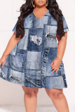 Dark Blue Faux Denim Print V Neck Short Sleeve Casual Outing Straight Loose Midi Dress