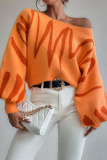 Orange Casual Knitting Loose Geometric Print Round Neck Lantern Sleeve Tops Sweaters