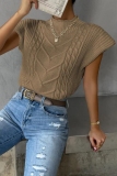 Khaki Casual Knitted Round Neck Short Sleeve Sweaters Tops