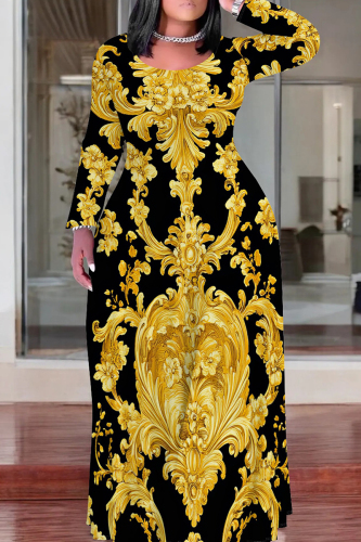 Black Gold Long Sleeve O Neck Floor Length Casual Outing Plus Size Straight Loose Maxi Dress