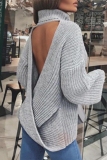 Grey Casual Backless Knitted Turtleneck Long Sleeve Loose Tops Sweaters
