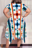 Black Geometric Print O Neck Short Sleeve Irregular Hem Casual Outing Plus Size Straight Loose Midi Dress