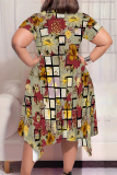 Black Geometric Print O Neck Short Sleeve Irregular Hem Casual Outing Plus Size Straight Loose Midi Dress