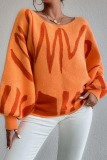 Orange Casual Knitting Loose Geometric Print Round Neck Lantern Sleeve Tops Sweaters