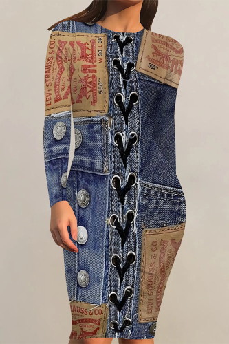 Dark Blue Faux Denim Print O Neck Long Sleeve Casual Outing Bodycon Pencil Midi Dress