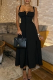 Black Sleeveless Front Tie Sweetheart Neckline Slim Fit A-Line Party Maxi Slip Dress