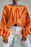 Orange Casual Knitting Loose Geometric Print Round Neck Lantern Sleeve Tops Sweaters