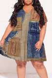 Dark Blue Faux Denim Print V Neck Short Sleeve Casual Outing Straight Loose Midi Dress