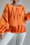 Orange Casual Knitting Loose Geometric Print Round Neck Lantern Sleeve Tops Sweaters