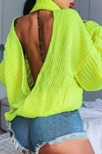 Grey Casual Backless Knitted Turtleneck Long Sleeve Loose Tops Sweaters