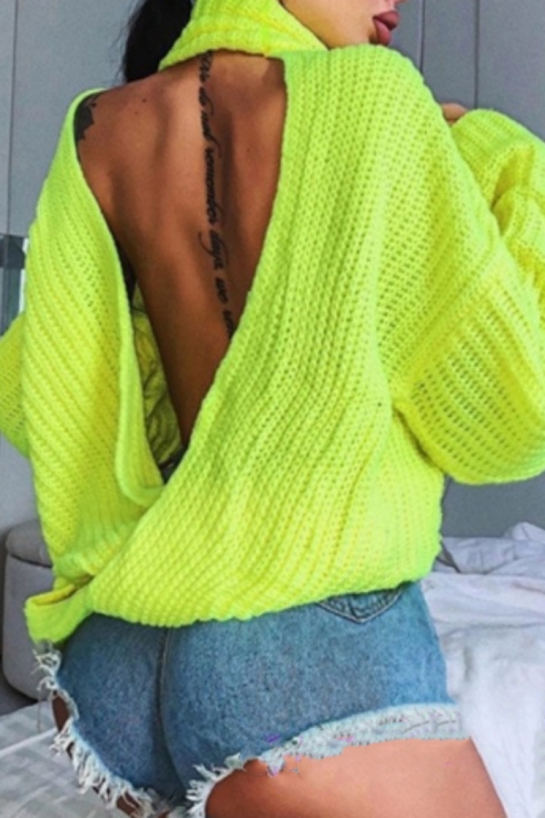 Grey Casual Backless Knitted Turtleneck Long Sleeve Loose Tops Sweaters