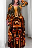 Black National Totem Print O Neck Long Sleeve Casual Outing Plus Size Straigh Loose Maxi Dress