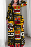 Black National Totem Print O Neck Long Sleeve Casual Outing Plus Size Straigh Loose Maxi Dress