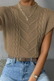 Khaki Casual Knitted Round Neck Short Sleeve Sweaters Tops