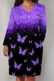 Beige Camouflage Butterfly Flowers Print V Neck Long Sleeve Pocket Casual Street Straight Loose Midi Dress