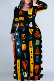 Black National Totem Print O Neck Long Sleeve Casual Outing Plus Size Straigh Loose Maxi Dress