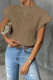 Khaki Casual Knitted Round Neck Short Sleeve Sweaters Tops
