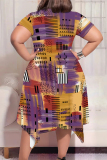 Black Geometric Print O Neck Short Sleeve Irregular Hem Casual Outing Plus Size Straight Loose Midi Dress