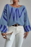 Orange Casual Knitting Loose Geometric Print Round Neck Lantern Sleeve Tops Sweaters
