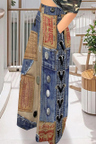 Blue Brown Casual Faux Denim Print Pocket Contrast Loose High Waist Wide Leg  Bottoms Pants