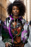 Green Brown Casual Figure Print Long Sleeve Hooded Sweatshirts Tops