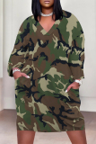 Beige Camouflage Butterfly Flowers Print V Neck Long Sleeve Pocket Casual Street Straight Loose Midi Dress
