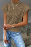 Khaki Casual Knitted Round Neck Short Sleeve Sweaters Tops