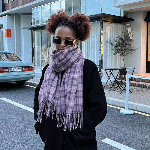 Purple Casual  Imitation Cashmere Plaid Tassel Scarf