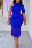 Red Single Half Sleeve O Neck Pencil Skirt Fringed Hem Bodycon Midi Wedding Guest Dress