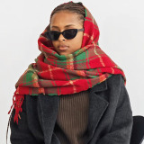 Red Daily Imitated Cashmere Plaid Tassel Scarf