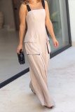 Apricot Casual Pocket Square Neck Spaghetti Strap Loose Wide Leg Cami Jumpsuits