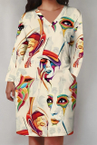 Beige Camouflage Butterfly Flowers Print V Neck Long Sleeve Pocket Casual Street Straight Loose Midi Dress